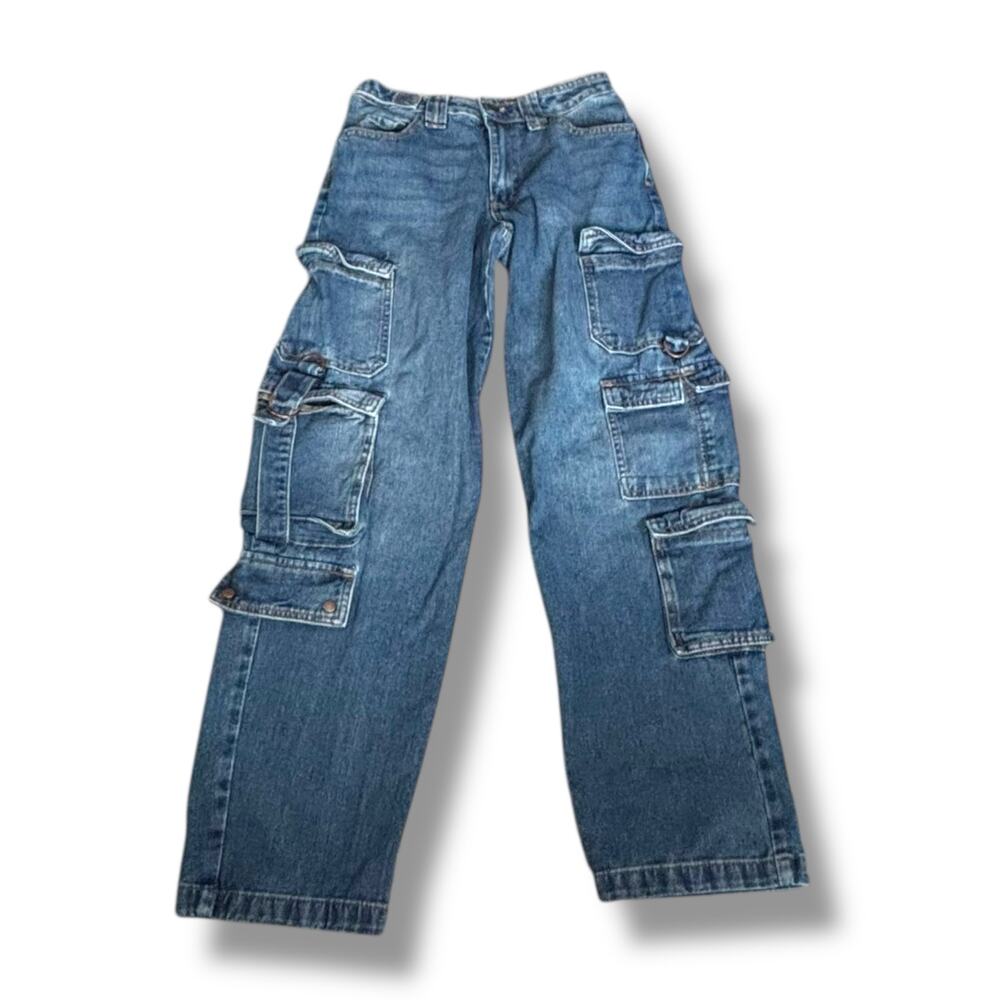 Ardene Blue Denim Utility Carpenter Cargo Jeans Wide Leg D Ring Pockets 29 Inch